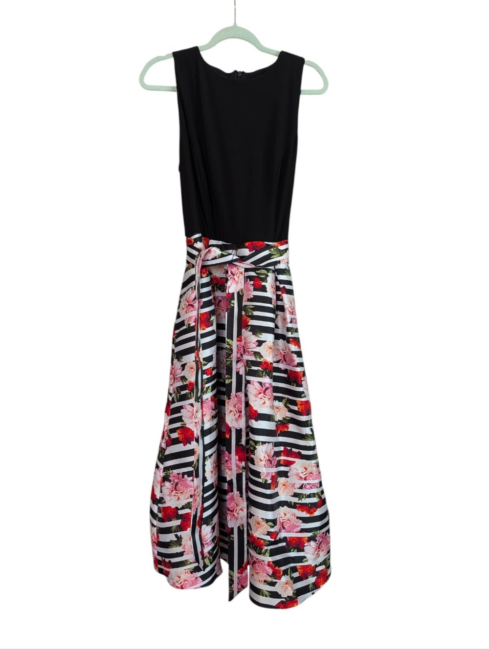 SLNY Floral Stripe Fit & Flare Midi Dress Size 14 Sleeveless Belted Occasion - Picture 2 of 10